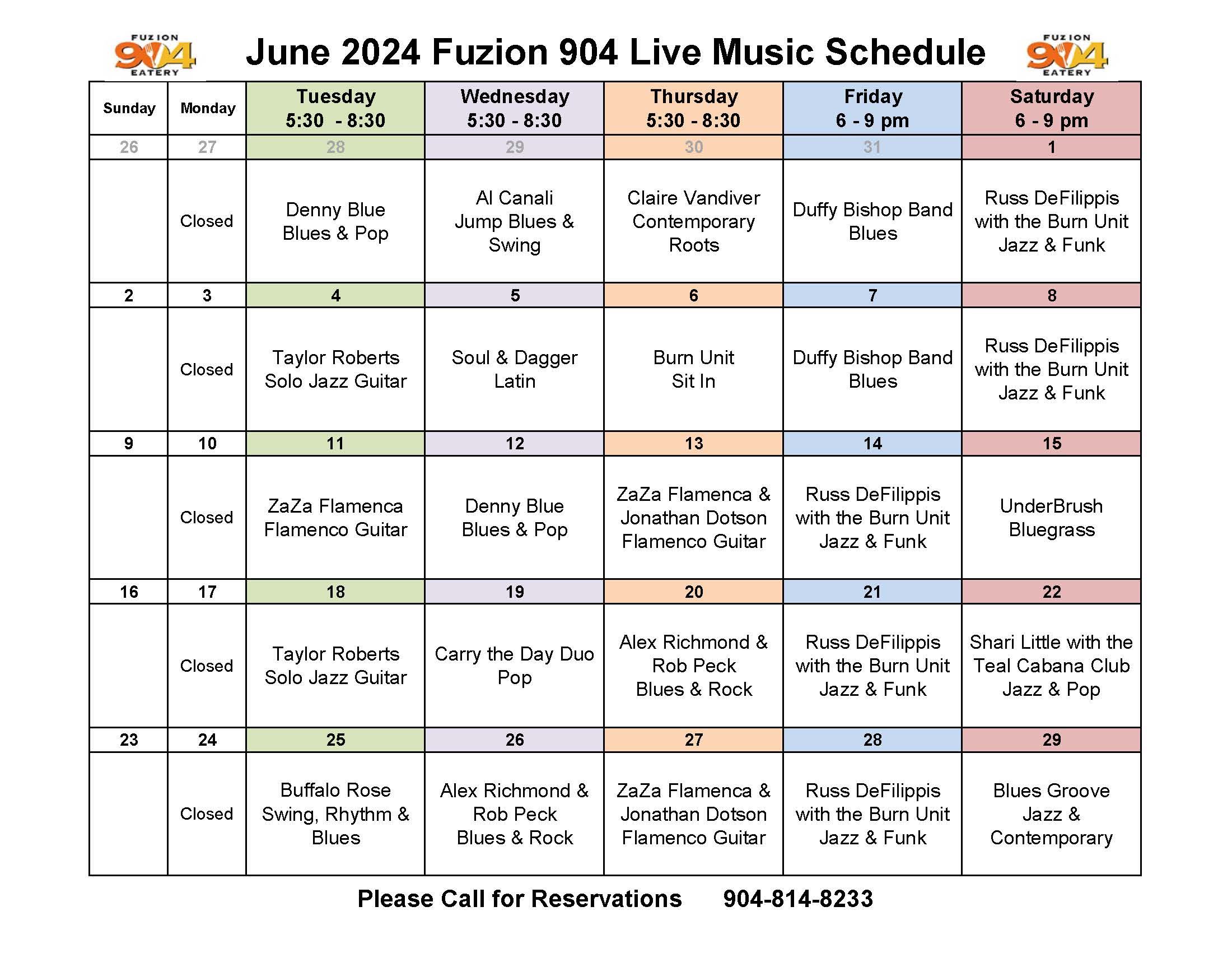Fusion 904 Live Music Schedule
